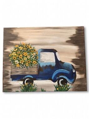 Rustic Blue Truck Canvas Print with Yellow Floral Bouquet